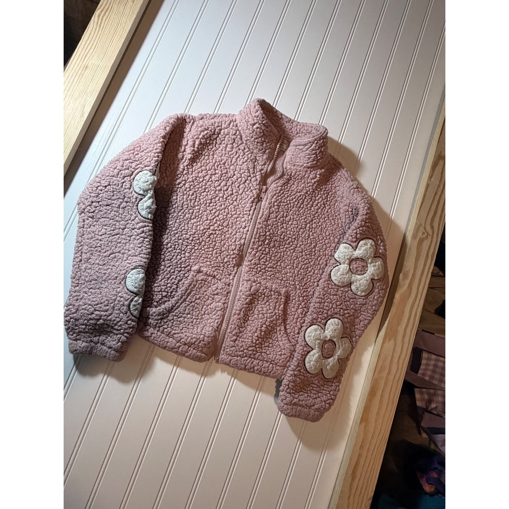 No Comment Girls Pink Sherpa Fleece Jacket Daisy Flower Sleeves Full Zip L 14